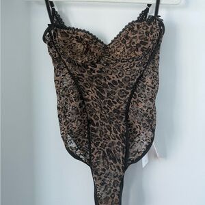 Leopard Print Lace-Trim Chemise Bodysuit - Brown/Black